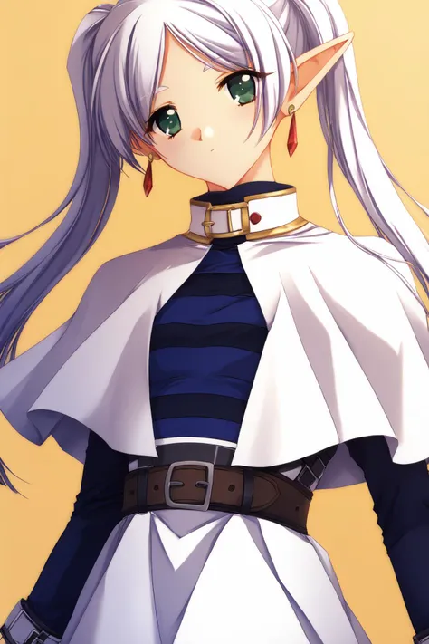 root_knntstyle,<lora:root_knntstyle_V4 SHU:1> <lora:ChamFrierenPonyXL:1> Frieren,green eyes,white hair,long hair,twintails, earrings,small chest, flat,FrierenBase, white capelet, striped shirt, long sleeves, belt, white skirt, black pantyhose, Score_9, Score_8_up, Score_7_up, Score_6_up, Score_5_up, Score_4_up, BREAK,1girl in full growth, best quality, masterpiece, ultra-detailed, high quality,good quality,1 girl,(master piece,high resolution, ultra detailed,8K,16K),look at viewer