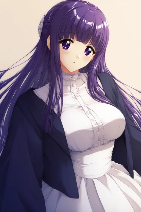 root_knntstyle,<lora:root_knntstyle_V4 SHU:1>, <lora:ChamFernPonyXL:1> FernFrieren,purple eyes,purple hair, long hair,half updo,hair ornament,large breasts,:FernBase,white dress, collared dress, black robe, Score_9, Score_8_up, Score_7_up, Score_6_up, Score_5_up, Score_4_up, BREAK,1girl in full growth, best quality, masterpiece, ultra-detailed, high quality,good quality,1 girl,(master piece,high resolution, ultra detailed,8K,16K),look at viewer