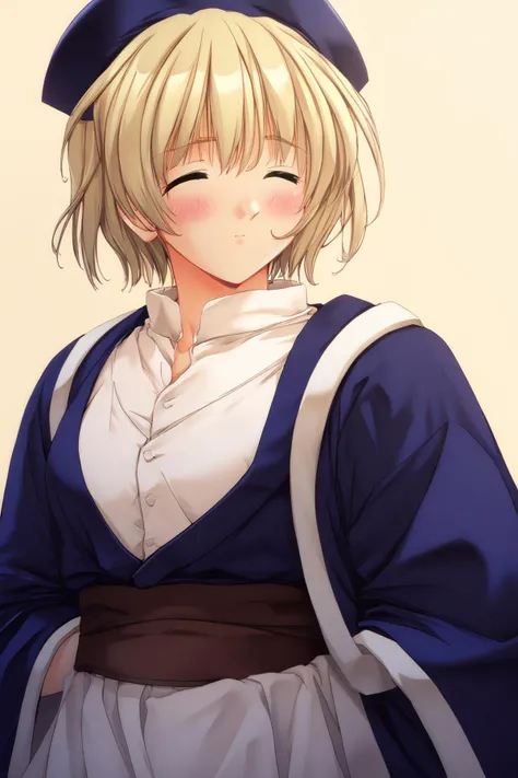 root_knntstyle,<lora:root_knntstyle_V4 SHU:1>, <lora:dungeon_meshi_falin:1>falin thorden, blush, short hair, blonde hair,closed eyes,hat, blue headwear, robe, Score_9, Score_8_up, Score_7_up, Score_6_up, Score_5_up, Score_4_up, BREAK,1girl in full growth, best quality, masterpiece, ultra-detailed, high quality,good quality,1 girl,(master piece,high resolution, ultra detailed,8K,16K),look at viewer