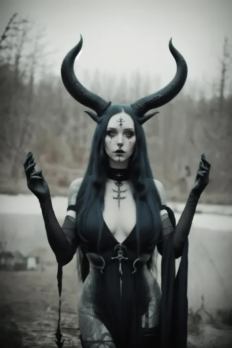 a woman with horns and makeup posing for a picture , 1girl, solo, long hair, black hair, nude, parted lips, horns, black eyes, lips, watermark, demon girl, demon horns, realistic, horror (theme) , witch_style