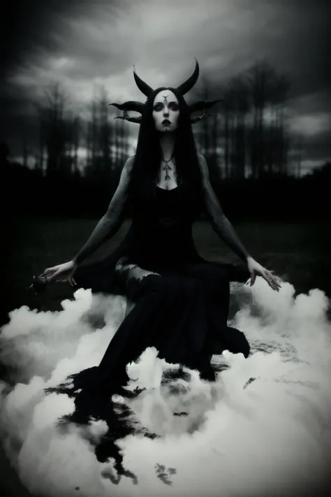 a woman in a black dress sitting on a cloud , witch_style