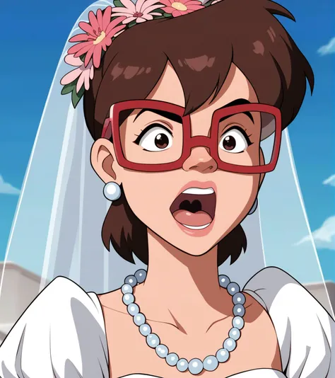 score_9, score_8_up, score_7_up, 
irma, wearing white wedding dress, glasses, angry, open mouth, top teeth, outdoors, pearl necklace, pink flowers in hair, blue sky background <lora:Irma_Langenstein:1>