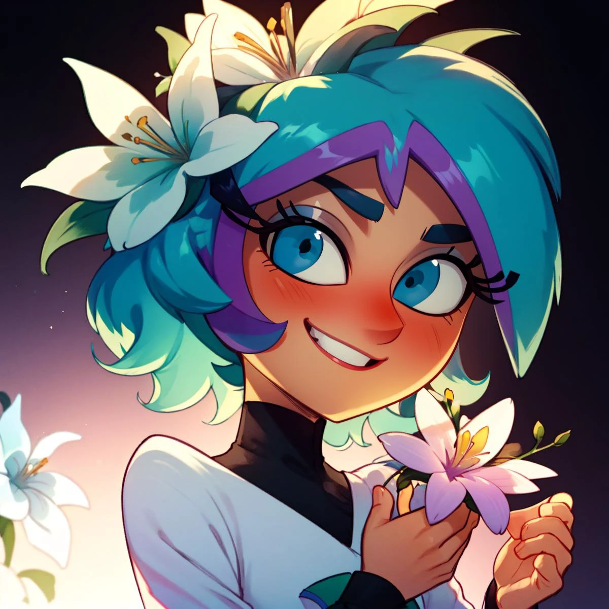 masterpiece, best quality, beautiful, modlacey, dress, two-tone hair, long sleeves, blue eyes, looking down, silent_princess flower, hair flower, blush, gentle smile, backlighting, <lora:Degen-SilentPrincess:.65> simple background, black background <lora:themodifyers_laceyshadows-12:.9> <lora:EnvyBeautyMix07:0.8>