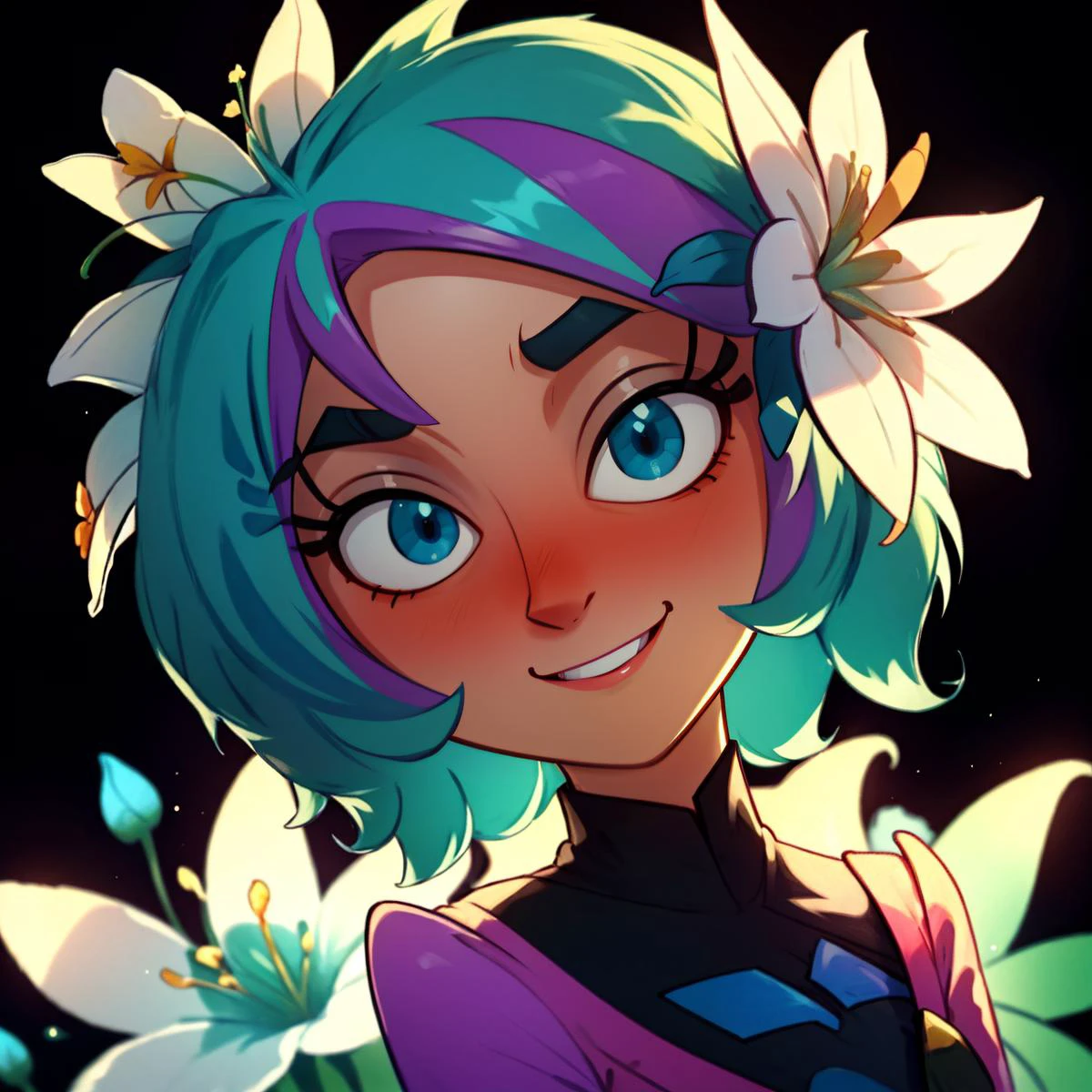 masterpiece, best quality, beautiful, modlacey, dress, two-tone hair, long sleeves, blue eyes, looking down, silent_princess flower, hair flower, blush, gentle smile, backlighting, <lora:Degen-SilentPrincess:.65> simple background, black background <lora:themodifyers_laceyshadows-12:.9> <lora:EnvyBeautyMix07:0.8>