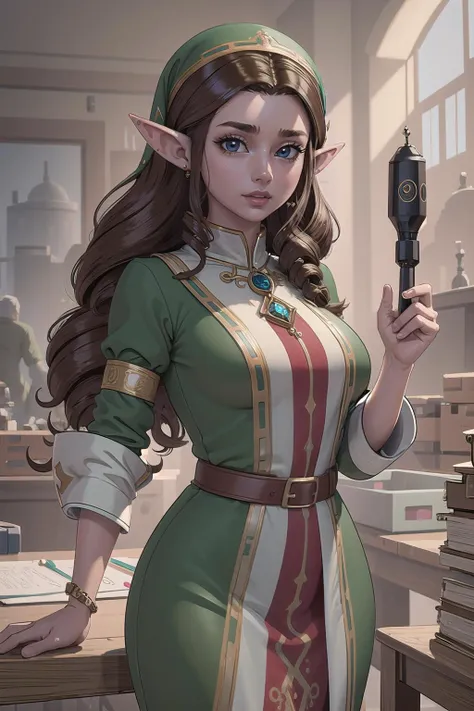 (masterpiece, best_quality, ultra-detailed, immaculate:1.3), epic, illustration, welcoming, 1girl, doctor, elf, brown hair, drill hair, (full body:0), [:creative costume design:0.2], in a  factory,<lyco:EnvyBeautyMix07:1>