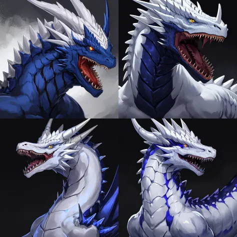 masterpiece, best quality, (white dragon), dragon horns, dragon scales, portrait, white scales, glowing eyes, monster, scales, sharp teeth, spikes, blue eyes, open mouth, simple background, <lora:dragon-portrait-v2-noise-offset-000009:1>