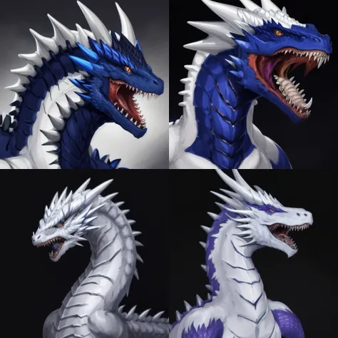 masterpiece, best quality, (white dragon), dragon horns, dragon scales, portrait, white scales, glowing eyes, monster, scales, sharp teeth, spikes, blue eyes, open mouth, simple background, <lora:dragon-portrait-v2-noise-offset-000009:1>