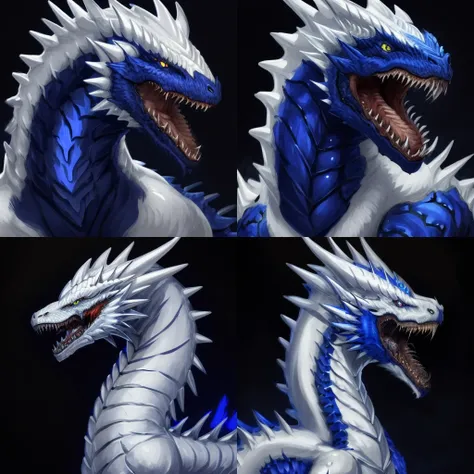 masterpiece, best quality, (white dragon), dragon horns, dragon scales, portrait, white scales, glowing eyes, monster, scales, sharp teeth, spikes, blue eyes, open mouth, simple background, <lora:dragon-portrait-v2-noise-offset-000009:1>