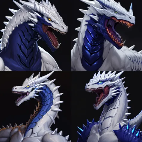 masterpiece, best quality, (white dragon), dragon horns, dragon scales, portrait, white scales, glowing eyes, monster, scales, sharp teeth, spikes, blue eyes, open mouth, simple background, <lora:dragon-portrait-v2-noise-offset-000009:1>
