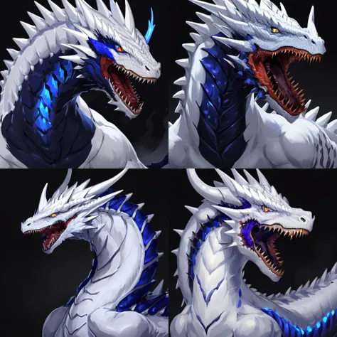 masterpiece, best quality, (white dragon), dragon horns, dragon scales, portrait, white scales, glowing eyes, monster, scales, sharp teeth, spikes, blue eyes, open mouth, simple background, <lora:dragon-portrait-v2-noise-offset-000009:1>
