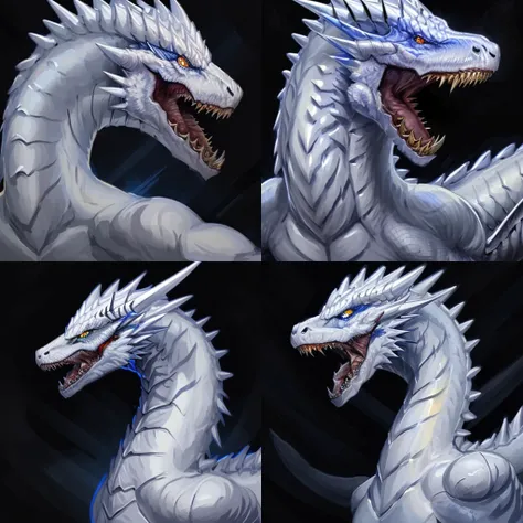 masterpiece, best quality, (white dragon), dragon horns, dragon scales, portrait, white scales, glowing eyes, monster, scales, sharp teeth, spikes, blue eyes, open mouth, simple background, <lora:dragon-portrait-v2-noise-offset-000009:1>