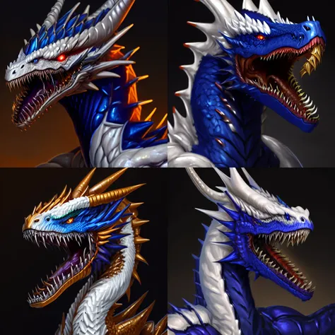 masterpiece, best quality, (white dragon), dragon horns, dragon scales, portrait, white scales, glowing eyes, monster, scales, sharp teeth, spikes, blue eyes, open mouth, simple background, <lora:dragon-portrait-v2-noise-offset-000009:1>