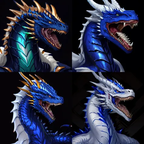 masterpiece, best quality, (white dragon), dragon horns, dragon scales, portrait, white scales, glowing eyes, monster, scales, sharp teeth, spikes, blue eyes, open mouth, simple background, <lora:dragon-portrait-v2-noise-offset-000009:1>