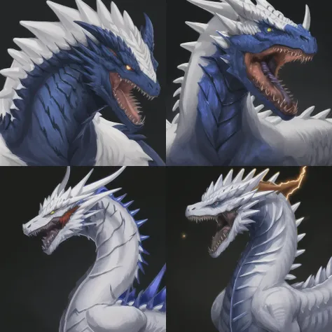 masterpiece, best quality, (white dragon), dragon horns, dragon scales, portrait, white scales, glowing eyes, monster, scales, sharp teeth, spikes, blue eyes, open mouth, simple background, <lora:dragon-portrait-v2-noise-offset-000009:1>
