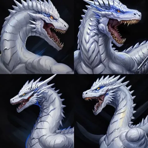masterpiece, best quality, (white dragon), dragon horns, dragon scales, portrait, white scales, glowing eyes, monster, scales, sharp teeth, spikes, blue eyes, open mouth, simple background, <lora:dragon-portrait-v2-noise-offset-000009:1>