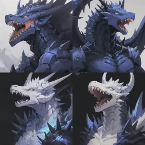 masterpiece, best quality, (white dragon), dragon horns, dragon scales, portrait, white scales, glowing eyes, monster, scales, sharp teeth, spikes, blue eyes, open mouth, simple background, <lora:dragon-portrait-v2-noise-offset-000009:1>