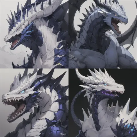 masterpiece, best quality, (white dragon), dragon horns, dragon scales, portrait, white scales, glowing eyes, monster, scales, sharp teeth, spikes, blue eyes, open mouth, simple background, <lora:dragon-portrait-v2-noise-offset-000009:1>