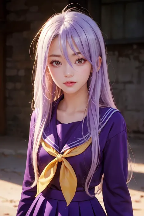 masterpiece, best quality, ultra-detailed, glistening shiny, glowing light, ray tracing, HDR, deph of field, (perfect face, detailed face), <lora:NgnlShiro:0.5>, 1girl, solo, ngnlshiro, very long hair, messy hair, flat chest, serafuku, purple shirt, purple skirt, yellow neckerchief, cowboy shot