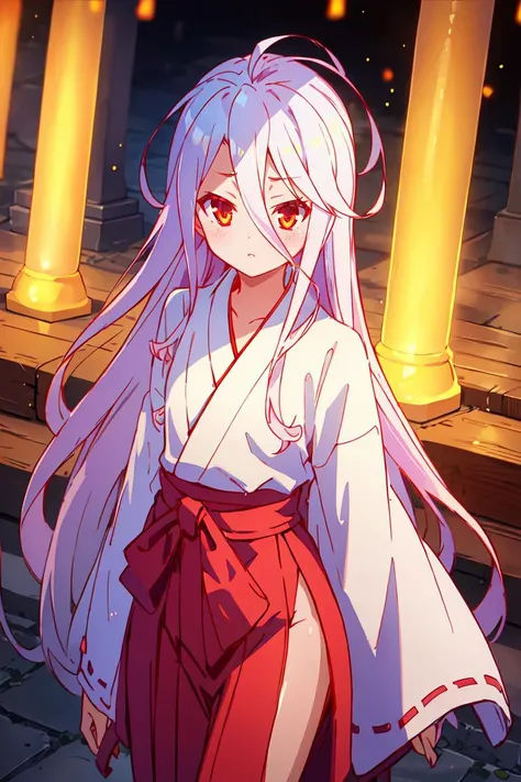 masterpiece, best quality, ultra-detailed, glistening shiny, glowing light, ray tracing, HDR, deph of field, (perfect face, detailed face), <lora:NgnlShiro:0.6>, 1girl, solo, ngnlshiro, very long hair, messy hair, flat chest, miko, long sleeves, hakama, cowboy shot, shrine