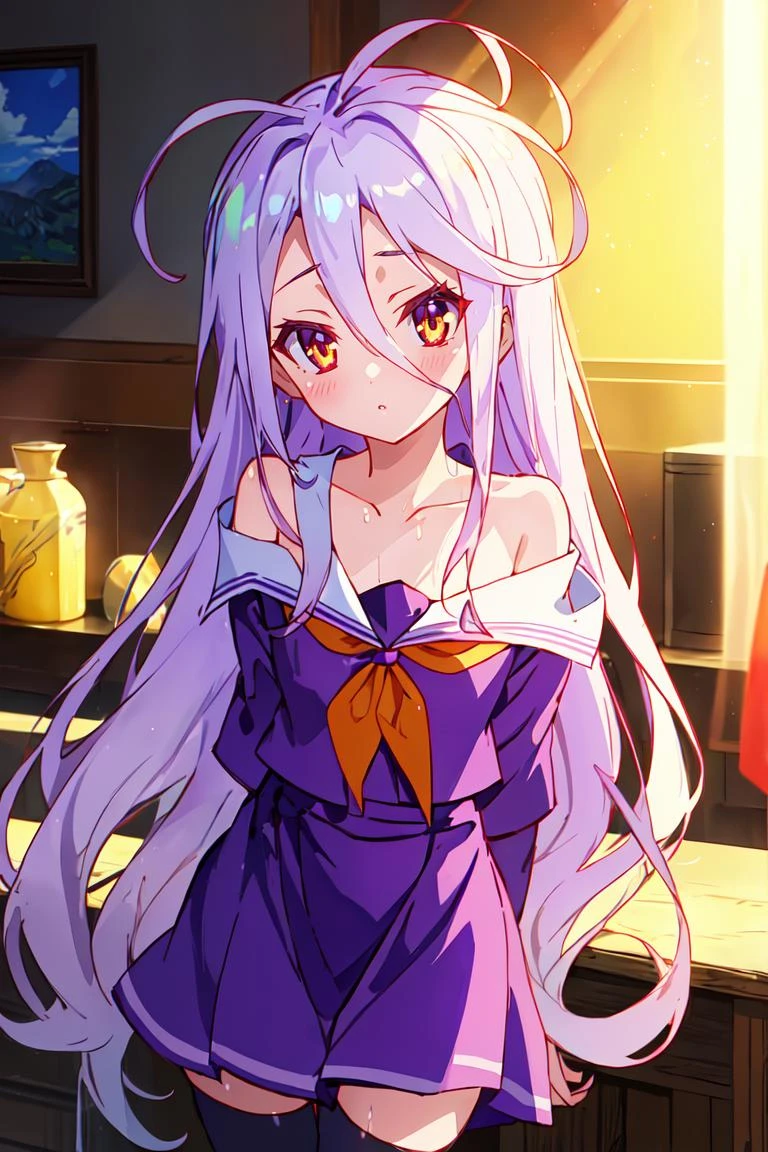masterpiece, best quality, ultra-detailed, glistening shiny, glowing light, ray tracing, HDR, deph of field, (perfect face, detailed face), <lora:NgnlShiro:0.7>, 1girl, solo, ngnlshiro, very long hair, messy hair, flat chest, serafuku, purple shirt, purple skirt, black thighhighs, off shoulders, bare shoulders, indoors