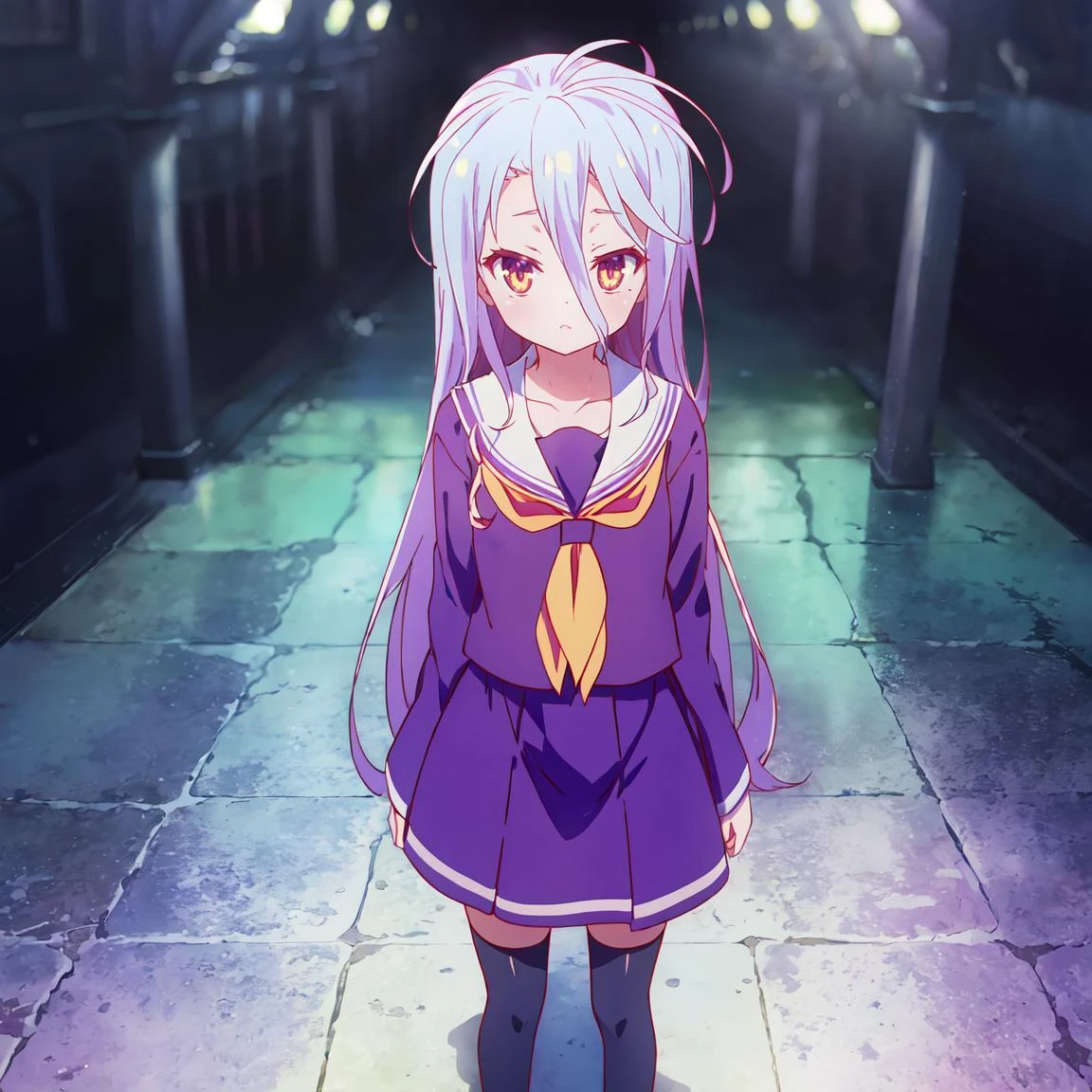 masterpiece, best quality, ultra-detailed, glistening shiny, glowing light, ray tracing, HDR, deph of field, (perfect face, detailed face), 1girl, solo, <lora:NgnlShiro:0.7>, ngnlshiro, flat chest, serafuku, purple shirt, purple skirt, black thighhighs, standing
