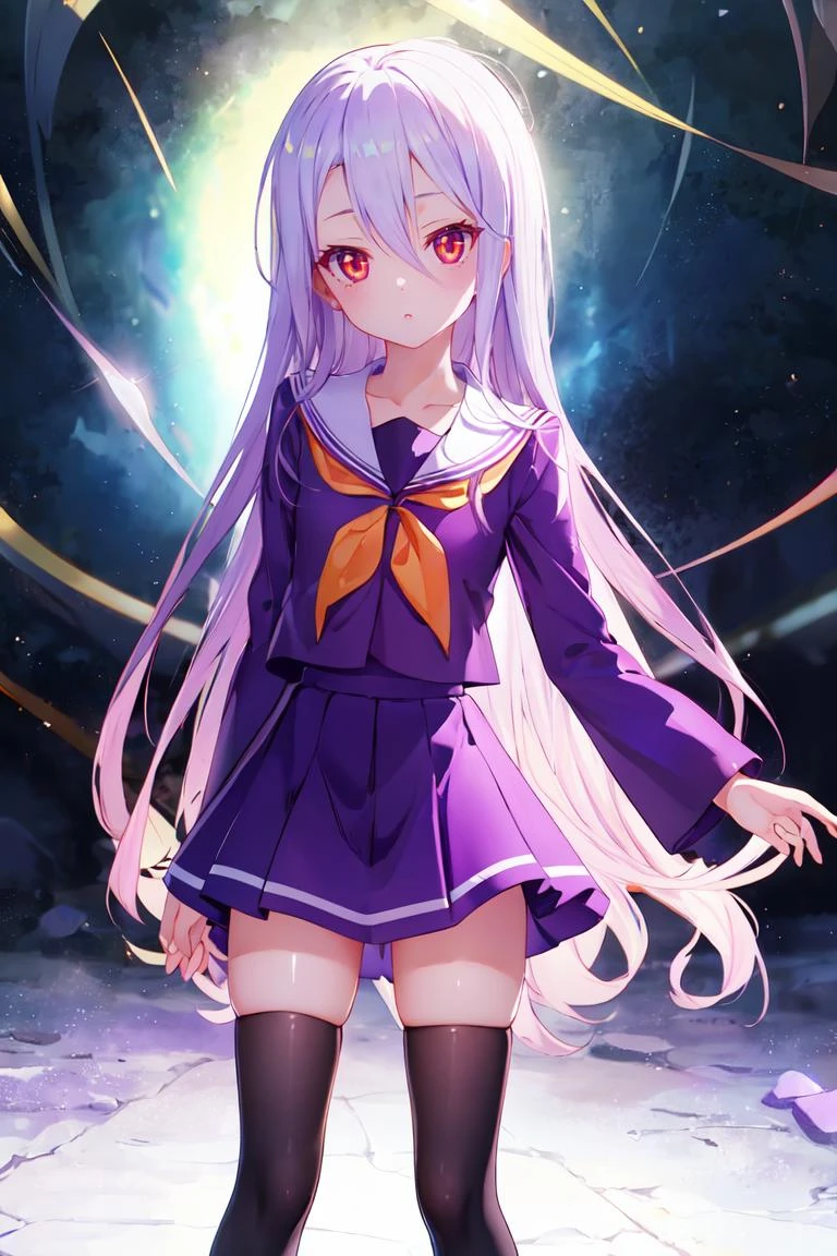 masterpiece, best quality, ultra-detailed, glistening shiny, glowing light, ray tracing, HDR, deph of field, (perfect face, detailed face), 1girl, solo, <lora:NgnlShiro:0.6>, ngnlshiro, flat chest, serafuku, purple shirt, purple skirt, striped panties, black thighhighs, standing