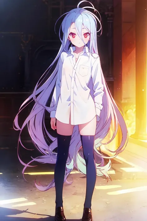 masterpiece, best quality, ultra-detailed, glistening shiny, glowing light, ray tracing, HDR, deph of field, (perfect face, detailed face), <lora:NgnlShiro:0.7>, 1girl, solo, ngnlshiro, very long hair, messy hair, flat chest, dress shirt, thighhighs, standing