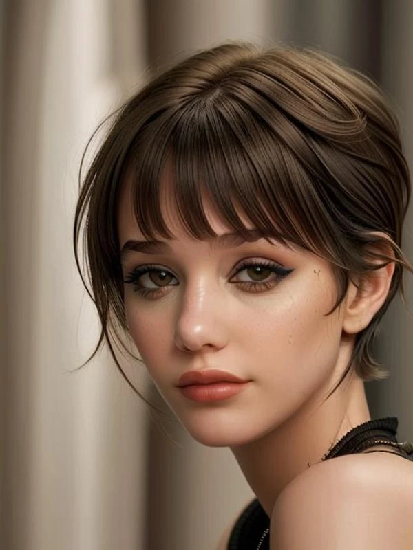 illustration, style of Philip Lorca diCorcia, cinematic film still portrait of young girl aged 18 yrs old, 1girl, solo, athletic figure, deep cleavage, large breasts, cute face, wearing a black bikini, light brown hair, short curly hair, face-framing hair, crossed bangs, olive eyes, constricted pupils, hair pin, hoop earrings, cinematic lighting, Ultra-Wide Angle, Canon, Hyperrealism, UHD, masterpiece, textured skin, high details, best quality, detailed eyes, detailed iris, whole body photo