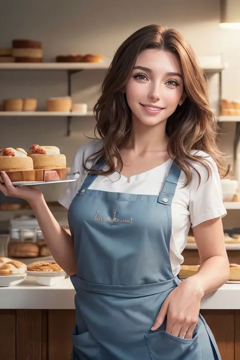 photo of S184_TaylorAlesia,a stunning woman,in a (bakery:1.1),wearing an (apron:1.1),(smiling:1.1),(8k, RAW photo, best quality, depth of field, ultra high res:1.2),(absurdres, intricate, photorealistic, masterpiece, ultra-detailed:1.3),