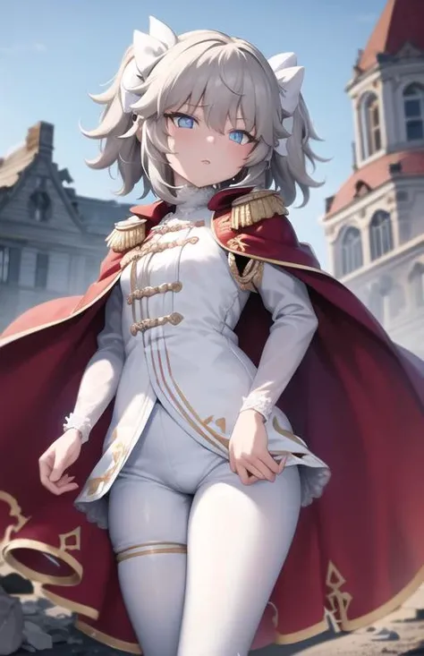 colorful,(masterpiece:1,2), best quality, masterpiece, highres, original, ((rubble)), 1girl ,solo, grey hair, blue eyes, original_outfits,red cape,white pants, uniform, <lora:girlsFrontlineWebley_v10:1>