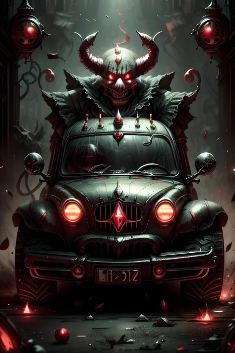 Clown Car, carnival, <lora:add_detail:0.8> <lora:DemonicTech-20:0.6> demonictech, scifi <lora:BloodMagic-20:0.6>, <lora:TVClown:1> tvclown,