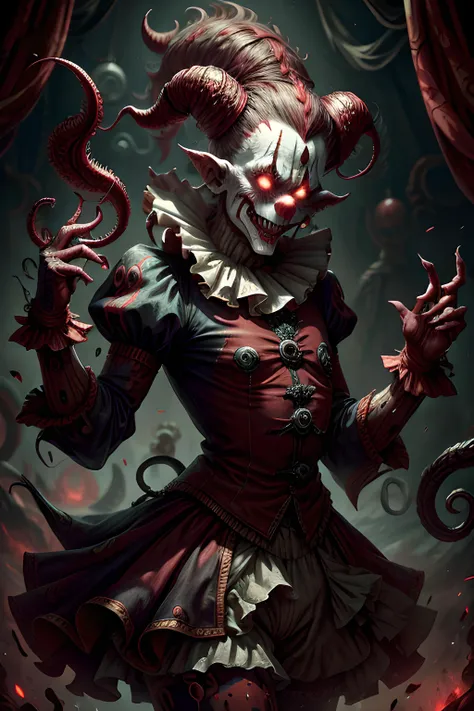 Monster Clown:1.5, Circus:2, clown outfit, tentacles:1, abomination, <lora:add_detail:0.8> <lora:DemonicTech-20:0.6> demonictech, scifi <lora:BloodMagic-20:0.6>, <lora:TVClown:1> tvclown,
