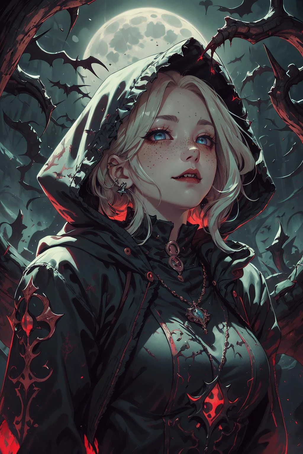 (intricate detail, beautiful:1.2), <lora:smol02:0.4>, <lora:Dreamwave v3:0.5>,
<lora:GoodHands-beta2:0.8>,
1 girl, adult welsh woman, freckles, aquamarine eyes, platinum blonde dutch braid, ombre,
solo, from front, front view, (full body:0.6), looking up, detailed background, detailed face, (<lora:DemonicTech:0.6>, demonictech theme:1.1) vampire, piercing gaze, vampiric, vampire fangs, tattered vampire clothes, hooded, high collars, pendant, dynamic pose, evil smirk, haunting, supernatural abilities, ethereal aura, cobwebs, abandoned mansion in background, moonlit sky, fog, eerie atmosphere,