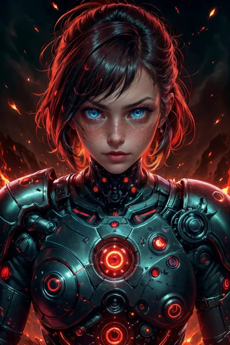 rococo style, ( poster:1.2), soft lighting, fantastic colorful, (masterpiece:1.2), ultra-detailed, (best quality), illustration, (Depth of field), <lora:tangbohu-detailer_1.0:1>, <lora:sharpen-soften:-0.5>, <lora:realistic:0.1>, <lora:kittew_v0.1:0.4>,
1 girl, adult spanish woman, freckles, teal eyes, dark red blowout hair,
cyborg portrait, looking at viewer, solo, (full body:0.6), detailed background, close up, detailed face, (<lora:DemonicTech:0.6>, demonictech theme:1.1), futuristic shining steel armor, high-tech, advanced technology, high-tech (mask:0.9), head-up display, epic galactic in background, red lights, neon lights, sparks, explosions, cinematic atmosphere,