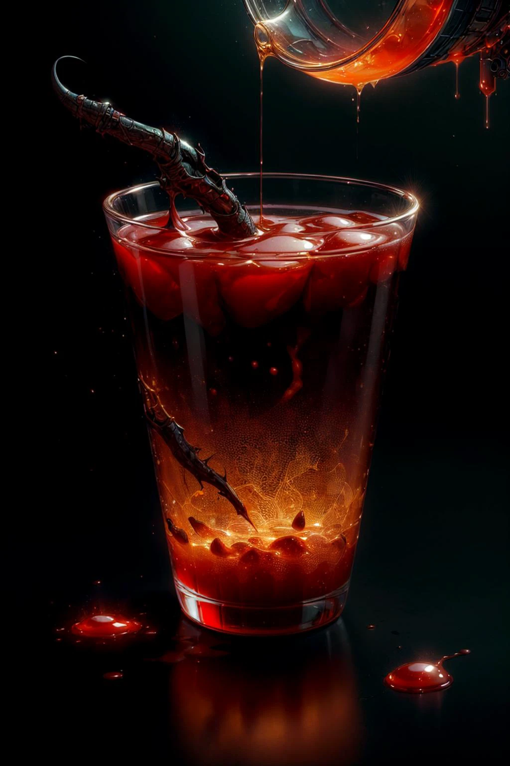 <lora:DemonicTech:.8> DemonicTech, scifi, ((Still life)), transparent cup of Ambrisia, sparkling, golden liquid, celestial glow, ethereal, divine nectar, heavenly ambiance, <lora:add_detail:1>