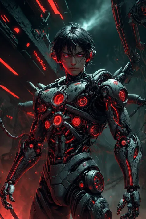 (best quality, masterpiece), <lora:tangbohu-detailer_1.0:0.8>
(1man, masculine adult [russian:japanese:0.3] male:1.2),  light blue eyes, black hair, temp fade,
 solo, (full body:0.6), looking at viewer, detailed background, detailed face, (<lora:DemonicTech:0.6>, scifi, demonictech theme:1.1), android,  mechanical limbs, mechanical eyes, wires,  high-tech,  emotionless, sleek design,       gears,  powered by fusion, holograms,    energy pulse,  neon colors, explosions in background, cinematic atmosphere,