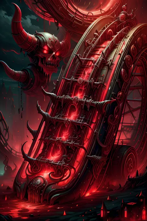 rollercoaster, carnival, Red Sky, <lora:add_detail:0.8> <lora:DemonicTech-20:0.6> demonictech, scifi <lora:BloodMagic-20:0.6>, <lora:TVClown:1> tvclown,