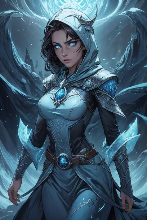 <lora:add_detail:0.5>, <lora:FZB_line_weights:0.4>, <lora:realistic:0.1>, <lora:sharpen-soften:-0.1>,
1 girl, adult (elven:0.7) woman, freckles, blue eyes, light brown quiff hair,
(style-swirlmagic:0.8), solo, half shot, looking at viewer, detailed background, detailed face, (<lora:DemonicTech:0.6>, demonictech theme:1.1), glowing eyes, frost wizard, blue color scheme, wearing frost-covered blue-white mage clothes, hood, belt, dynamic pose, chilled confidence, all-consuming frost, emanating frozen magic, enchanted sigils, frozen sea in background, cool fog emerging, dim light, serene atmosphere,
