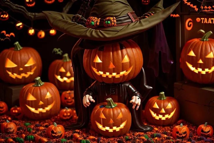 A (((funko pop))) monster with a pumpkin head, cute little halloween pumpkins flying around with ghosts, (trick or (treat:1.45)), realistic, HD, 8K, high detailed background, scifi <lora:DemonicTech-20:0.625>