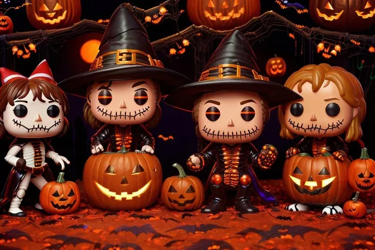 A (((funko pop))) monster with a pumpkin head, cute little halloween pumpkins flying around with ghosts, (trick or (treat:1.45)), realistic, HD, 8K, high detailed background, scifi <lora:DemonicTech-20:0.625>