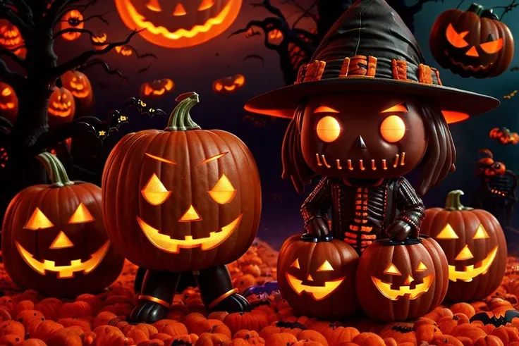 A (((funko pop))) monster with a pumpkin head, cute little halloween pumpkins flying around with ghosts, (trick or (treat:1.45)), realistic, HD, 8K, high detailed background, scifi <lora:DemonicTech-20:0.625>
