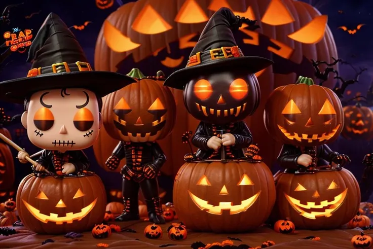 A (((funko pop))) monster with a pumpkin head, cute little halloween pumpkins flying around with ghosts, (trick or (treat:1.45)), realistic, HD, 8K, high detailed background, scifi <lora:DemonicTech-20:0.625>