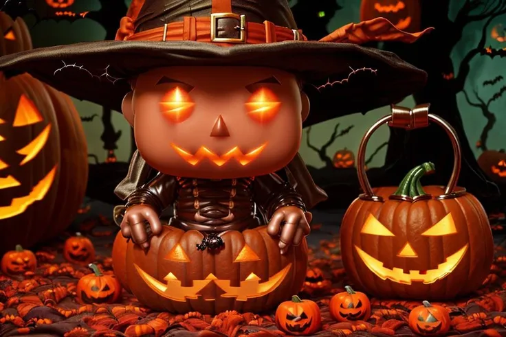 A (((funko pop))) monster with a pumpkin head, cute little halloween pumpkins flying around with ghosts, (trick or (treat:1.45)), realistic, HD, 8K, high detailed background, scifi <lora:DemonicTech-20:0.625>