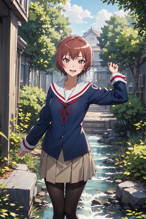 ((masterpiece)), (best quality), official art, extremely detailed CG, unity 8k wallpaper, ultra detailed,
1girl, nadeshiko kashima, school uniform, serafuku, miniskirt, smile,happy, open mouth, black pantyhose,
outdoors, forest, stream, dynamic pose,
<lora:nadeshiko-mikakunin:0.7>
