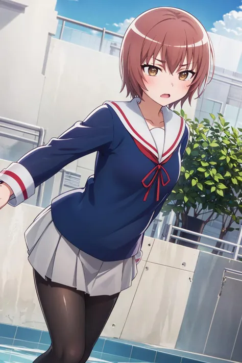 ((masterpiece)), (best quality), official art, extremely detailed CG, unity 8k wallpaper, ultra detailed,
1girl, nadeshiko kashima, school uniform, serafuku, miniskirt, anger, open mouth, black pantyhose,
outdoors, poolside, dynamic pose,
<lora:nadeshiko-mikakunin:0.7>