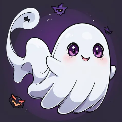 ((masterpiece,best quality)), absurdres,
<lora:Cute_Ghost_Anime:1>, Cute_Ghost, no humans, solo, ghost, floating, halloween, pokemon (creature), cute,
solo, smiling, looking at viewer,
purple theme, graveyard in background,