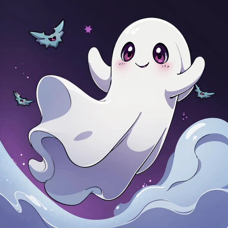 ((masterpiece,best quality)), absurdres,
<lora:Cute_Ghost_Anime:1>, Cute_Ghost, no humans, solo, ghost, floating, halloween, pokemon (creature), cute, 
solo, smiling, looking at viewer,
purple theme, graveyard in background,