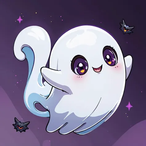 ((masterpiece,best quality)), absurdres,
<lora:Cute_Ghost_Anime:1>, Cute_Ghost, no humans, solo, ghost, floating, halloween, pokemon (creature), cute,
solo, smiling, looking at viewer,
purple theme, graveyard in background,