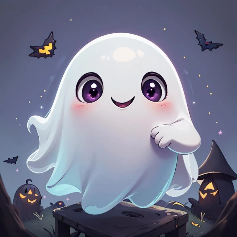 ((masterpiece,best quality)),absurdres,<lora:Cute_Ghost_Anime:0.8>,Cute_Ghost,no humans,solo,ghost,floating,halloween,pokemon (creature),cute,solo,smiling,looking at viewer,purple theme,graveyard in background,