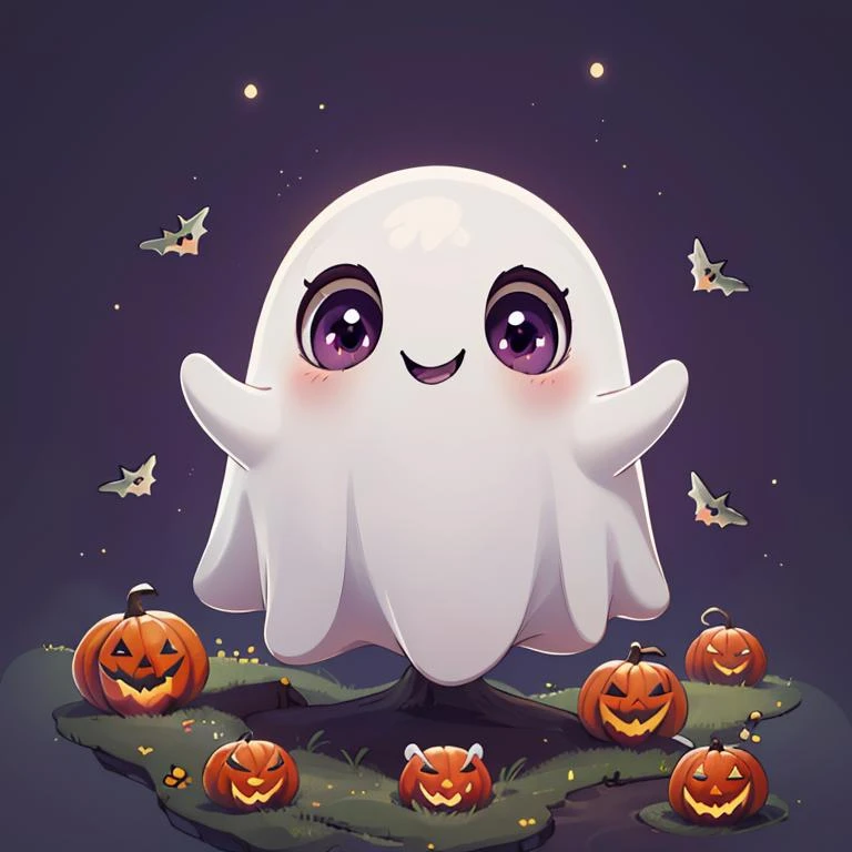 ((masterpiece,best quality)), absurdres,
<lora:Cute_Ghost_Anime:1>, Cute_Ghost, no humans, solo, ghost, floating, halloween, pokemon (creature), cute,
solo, smiling, looking at viewer,
purple theme, graveyard in background,
